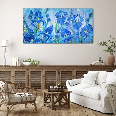 Tableau verre imprimé Iris bleus sur fond bleu
