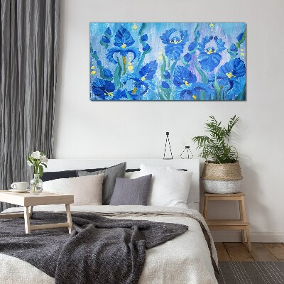 Tableau verre imprimé Iris bleus sur fond bleu