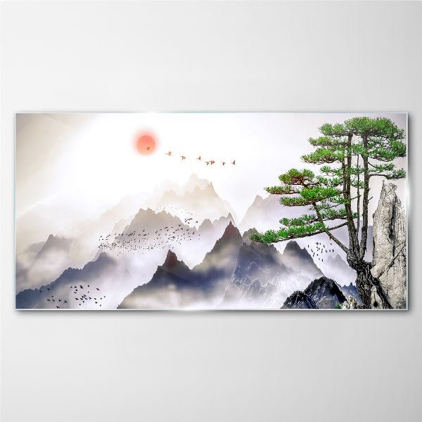 Tableau en verre Montagnes et oiseaux dans la lumière du matin