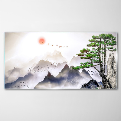 Tableau en verre Montagnes et oiseaux dans la lumière du matin