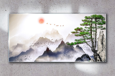 Tableau en verre Montagnes et oiseaux dans la lumière du matin