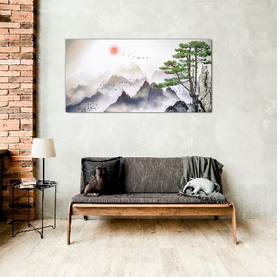 Tableau en verre Montagnes et oiseaux dans la lumière du matin