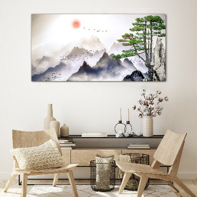 Tableau en verre Montagnes et oiseaux dans la lumière du matin