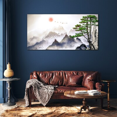 Tableau en verre Montagnes et oiseaux dans la lumière du matin