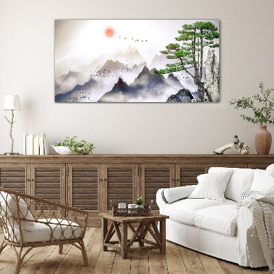 Tableau en verre Montagnes et oiseaux dans la lumière du matin