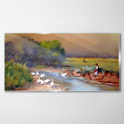 Tableau photo sur verre Un paysage paisible avec des canards au bord de la rivière