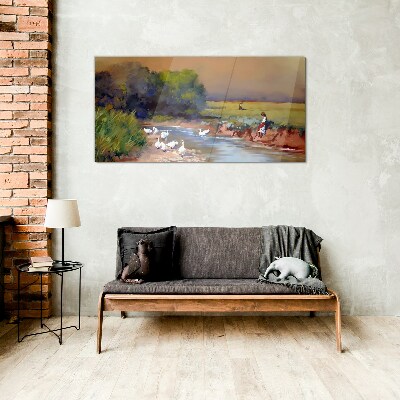 Tableau photo sur verre Un paysage paisible avec des canards au bord de la rivière