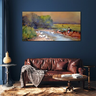 Tableau photo sur verre Un paysage paisible avec des canards au bord de la rivière
