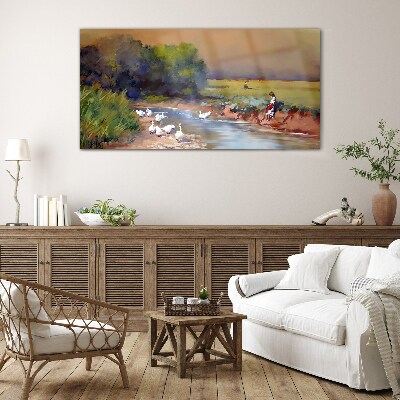 Tableau photo sur verre Un paysage paisible avec des canards au bord de la rivière