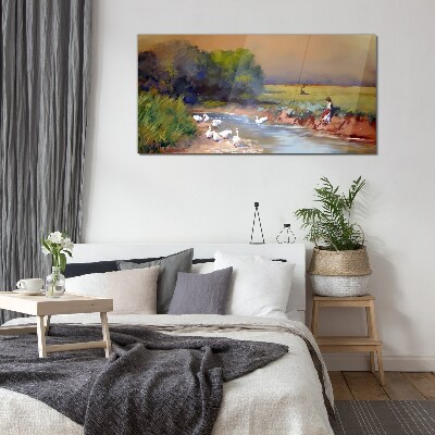 Tableau photo sur verre Un paysage paisible avec des canards au bord de la rivière