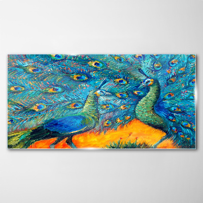 Tableau imprimé sur verre Paons dansants dans un spectacle coloré