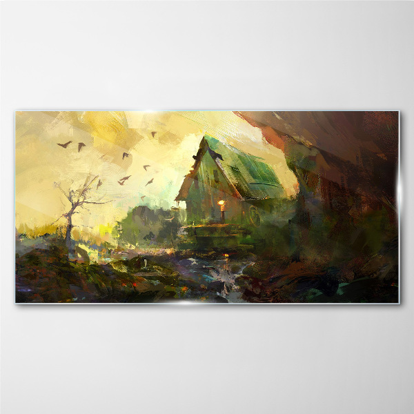 Tableau sur verre Paysage d'hiver avec une maison