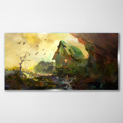 Tableau sur verre Paysage d'hiver avec une maison