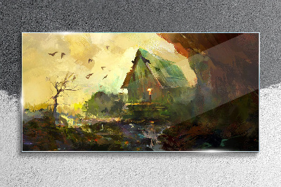 Tableau sur verre Paysage d'hiver avec une maison