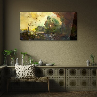 Tableau sur verre Paysage d'hiver avec une maison