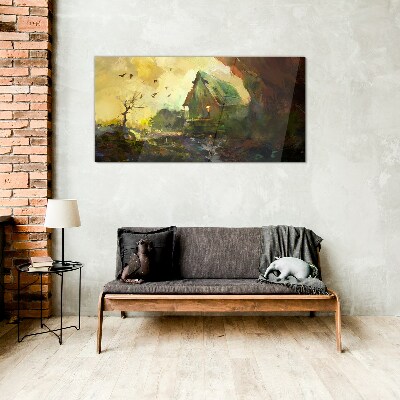 Tableau sur verre Paysage d'hiver avec une maison