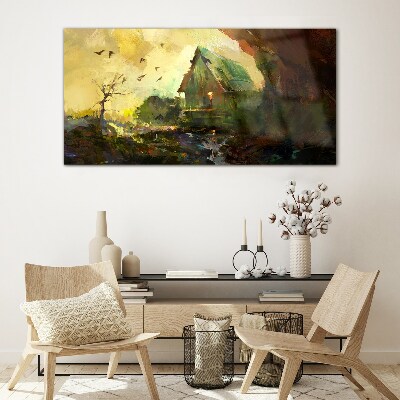 Tableau sur verre Paysage d'hiver avec une maison