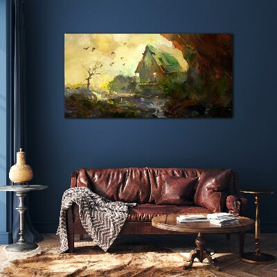 Tableau sur verre Paysage d'hiver avec une maison