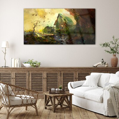 Tableau sur verre Paysage d'hiver avec une maison