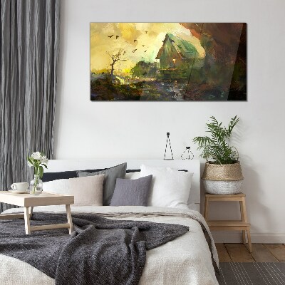 Tableau sur verre Paysage d'hiver avec une maison