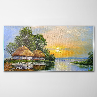 Tableau sur verre Un coucher de soleil paisible sur le village