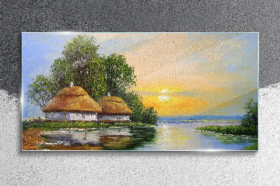 Tableau sur verre Un coucher de soleil paisible sur le village