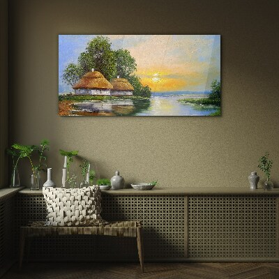 Tableau sur verre Un coucher de soleil paisible sur le village