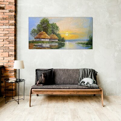 Tableau sur verre Un coucher de soleil paisible sur le village