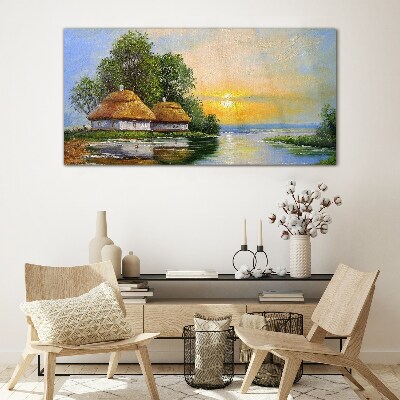 Tableau sur verre Un coucher de soleil paisible sur le village
