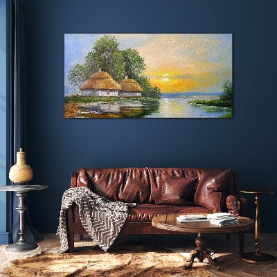 Tableau sur verre Un coucher de soleil paisible sur le village