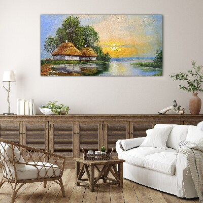 Tableau sur verre Un coucher de soleil paisible sur le village