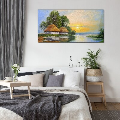 Tableau sur verre Un coucher de soleil paisible sur le village