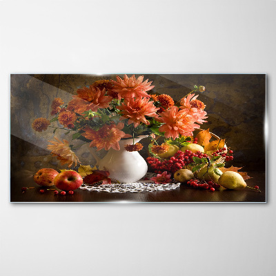 Tableau sur verre Fleurs et fruits dans un vase