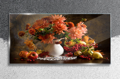 Tableau sur verre Fleurs et fruits dans un vase