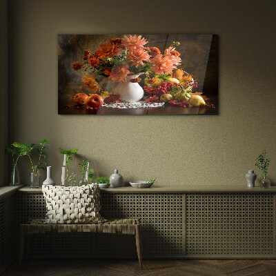 Tableau sur verre Fleurs et fruits dans un vase