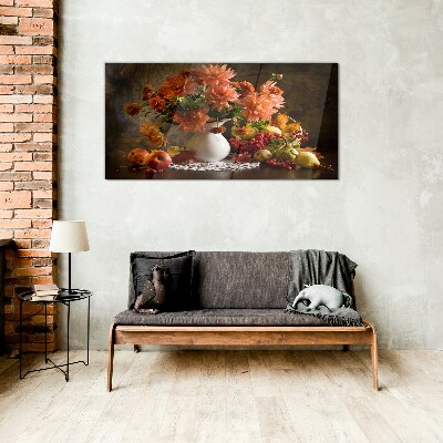 Tableau sur verre Fleurs et fruits dans un vase
