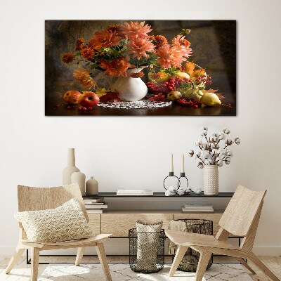 Tableau sur verre Fleurs et fruits dans un vase