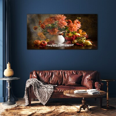 Tableau sur verre Fleurs et fruits dans un vase