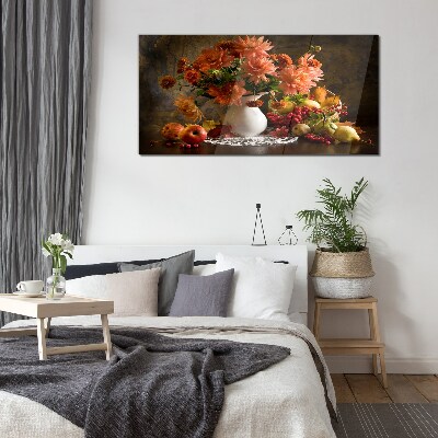 Tableau sur verre Fleurs et fruits dans un vase