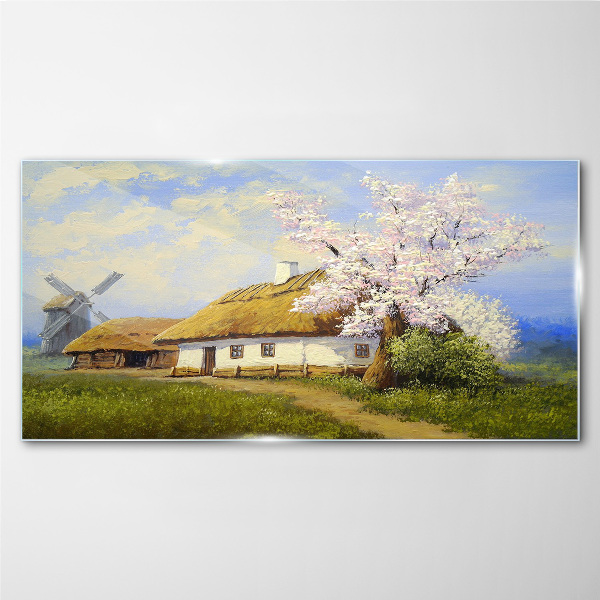 Tableau imprimé sur verre Paysage rural avec un moulin à vent et des fleurs