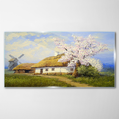 Tableau imprimé sur verre Paysage rural avec un moulin à vent et des fleurs