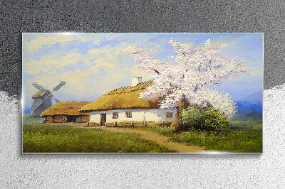 Tableau imprimé sur verre Paysage rural avec un moulin à vent et des fleurs
