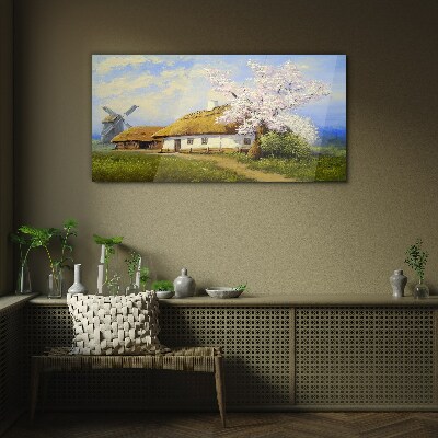 Tableau imprimé sur verre Paysage rural avec un moulin à vent et des fleurs