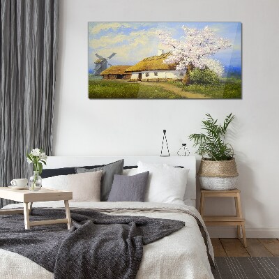 Tableau imprimé sur verre Paysage rural avec un moulin à vent et des fleurs