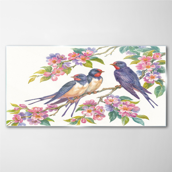 Tableau en verre Oiseaux dans les branches fleuries