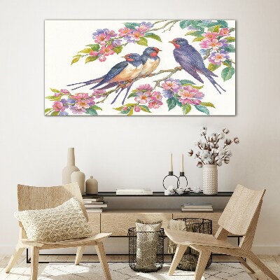 Tableau en verre Oiseaux dans les branches fleuries