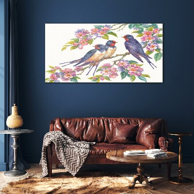 Tableau en verre Oiseaux dans les branches fleuries