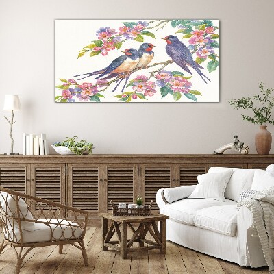 Tableau en verre Oiseaux dans les branches fleuries