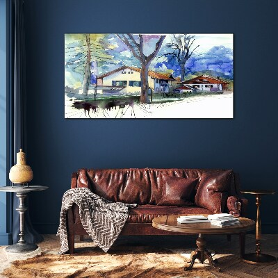 Tableau sur verre Paysage rural à l'aquarelle