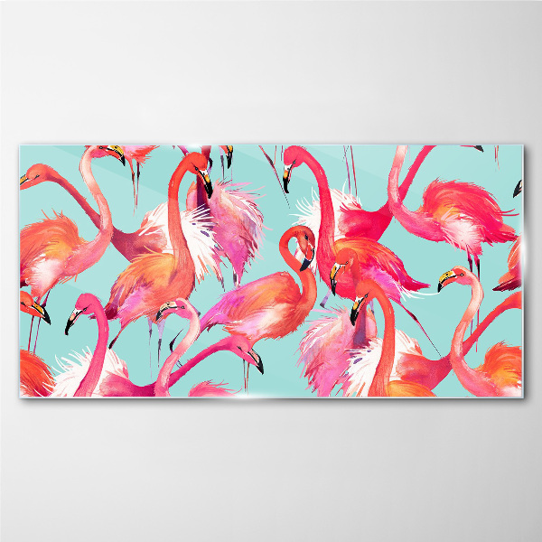 Tableau en verre Flamants roses sur fond turquoise